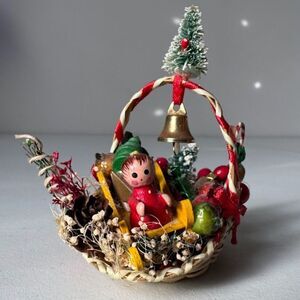Vintage MCM Christmas Ornament Wooden Display Child in basket w Bell